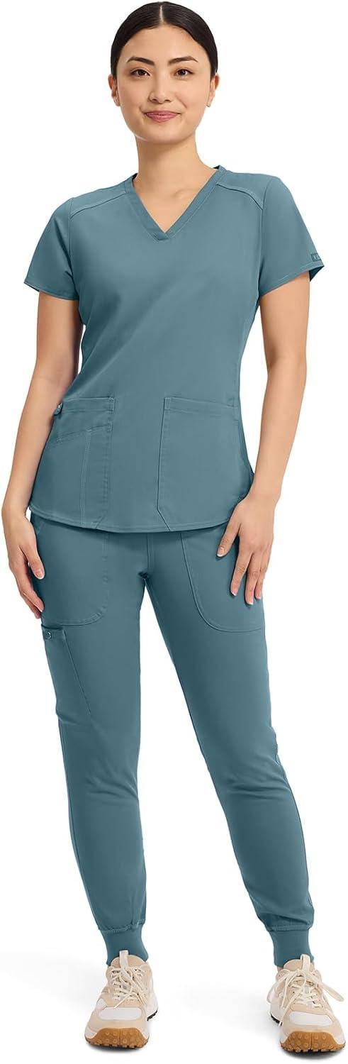 imageMed Couture VNeck Scrub Top for Women with 4 Pockets RibKnit Side Panel and Shirttail Hem MC7459Blue Jean Baby