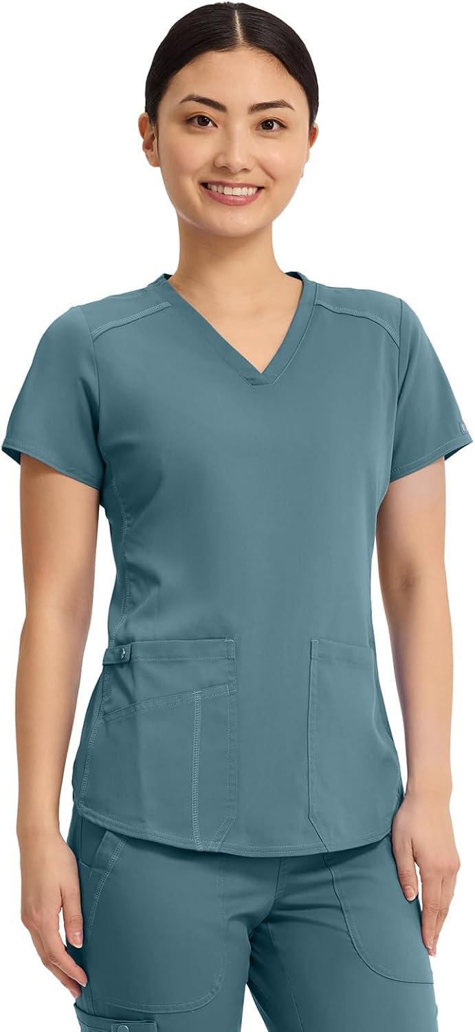 imageMed Couture VNeck Scrub Top for Women with 4 Pockets RibKnit Side Panel and Shirttail Hem MC7459Blue Jean Baby