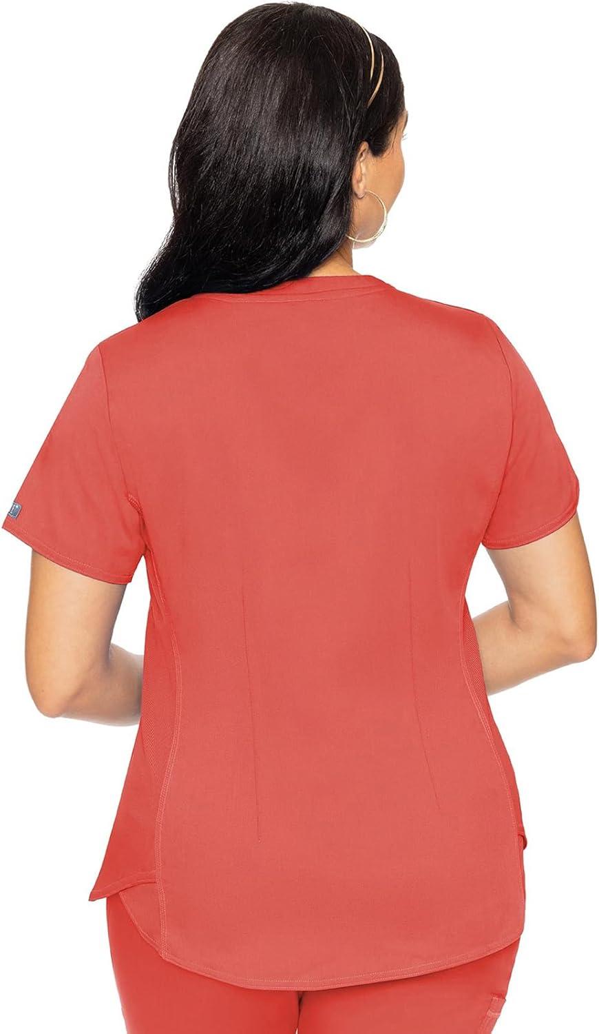 imageMed Couture VNeck Scrub Top for Women with 4 Pockets RibKnit Side Panel and Shirttail Hem MC7459Coral