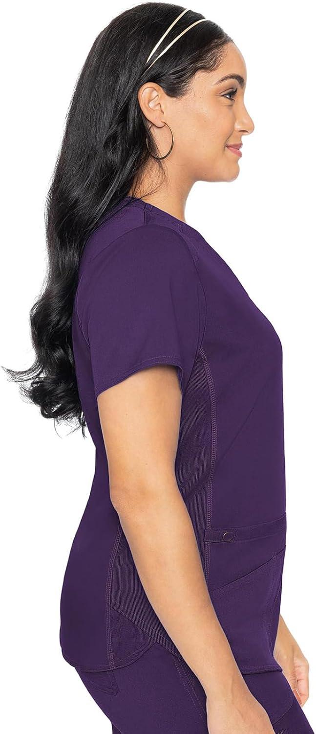 imageMed Couture VNeck Scrub Top for Women with 4 Pockets RibKnit Side Panel and Shirttail Hem MC7459Eggplant
