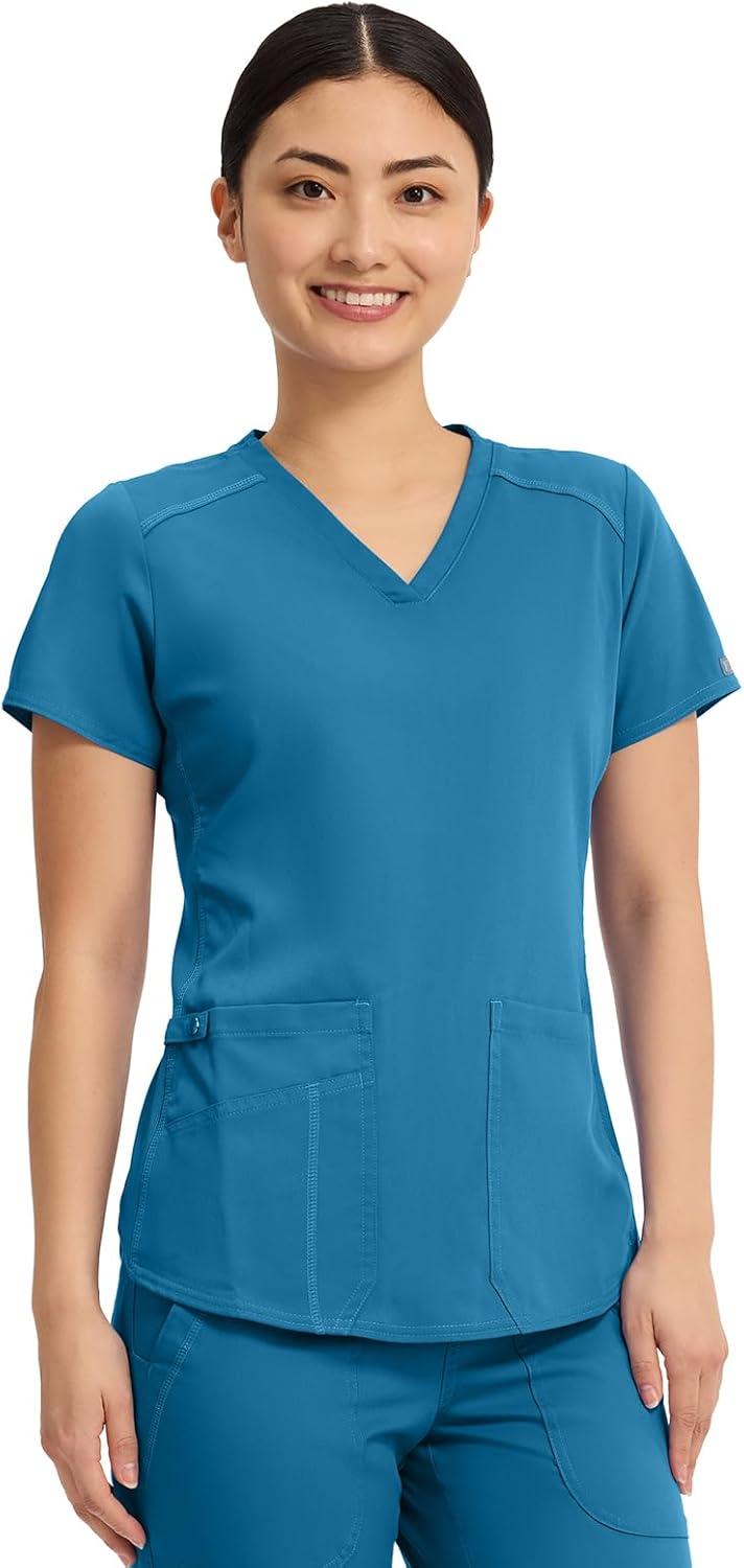 imageMed Couture VNeck Scrub Top for Women with 4 Pockets RibKnit Side Panel and Shirttail Hem MC7459Maliblue Shore