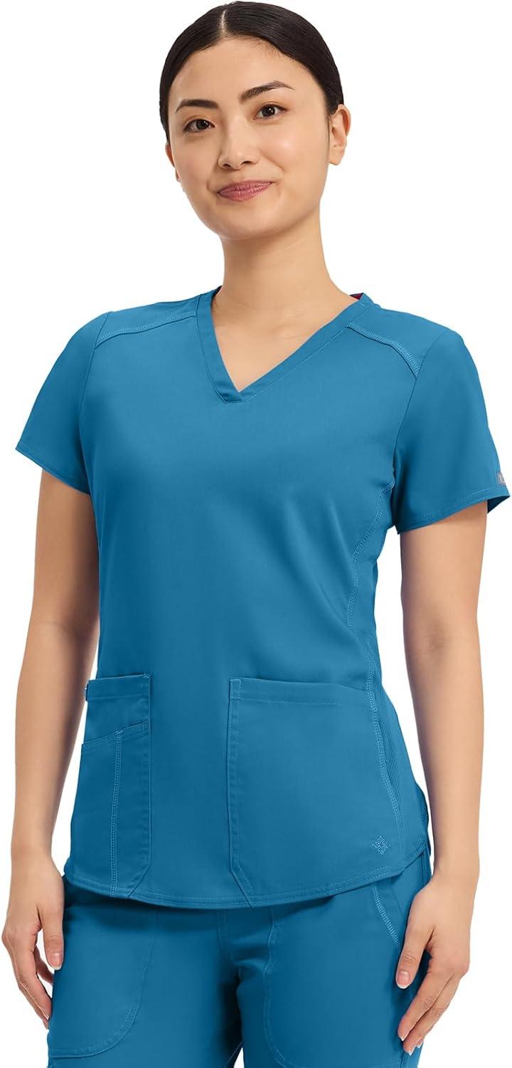 imageMed Couture VNeck Scrub Top for Women with 4 Pockets RibKnit Side Panel and Shirttail Hem MC7459Maliblue Shore