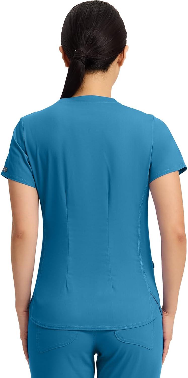 imageMed Couture VNeck Scrub Top for Women with 4 Pockets RibKnit Side Panel and Shirttail Hem MC7459Maliblue Shore