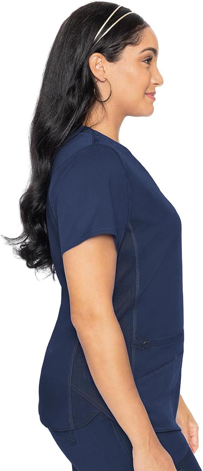 imageMed Couture VNeck Scrub Top for Women with 4 Pockets RibKnit Side Panel and Shirttail Hem MC7459Navy