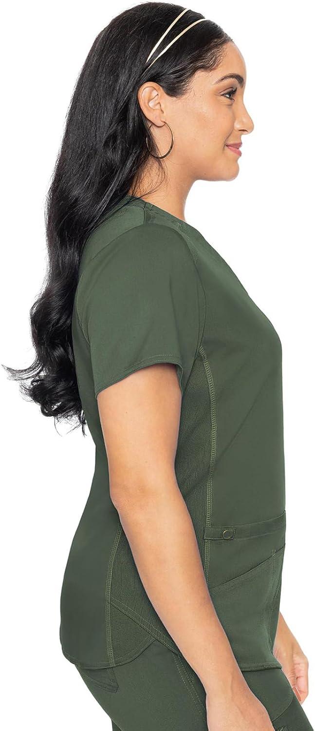 imageMed Couture VNeck Scrub Top for Women with 4 Pockets RibKnit Side Panel and Shirttail Hem MC7459Olive