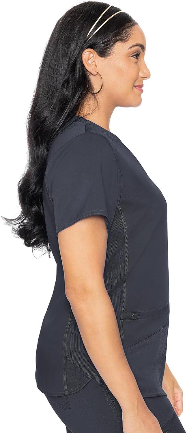 imageMed Couture VNeck Scrub Top for Women with 4 Pockets RibKnit Side Panel and Shirttail Hem MC7459Pewter