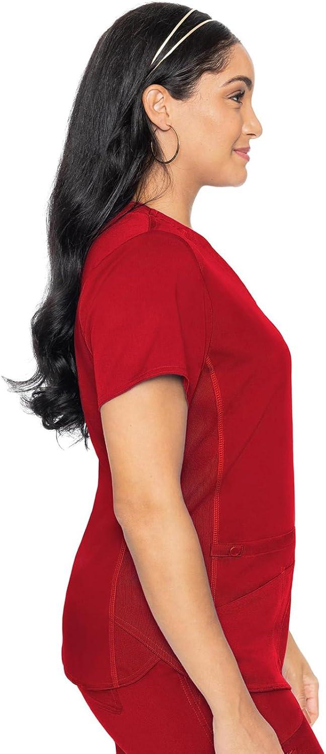 imageMed Couture VNeck Scrub Top for Women with 4 Pockets RibKnit Side Panel and Shirttail Hem MC7459Red