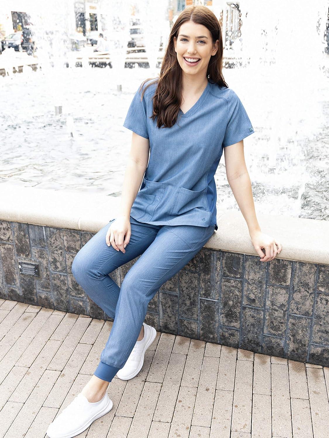 imageMed Couture VNeck Scrub Top for Women with 4 Pockets RibKnit Side Panel and Shirttail Hem MC7459Slate