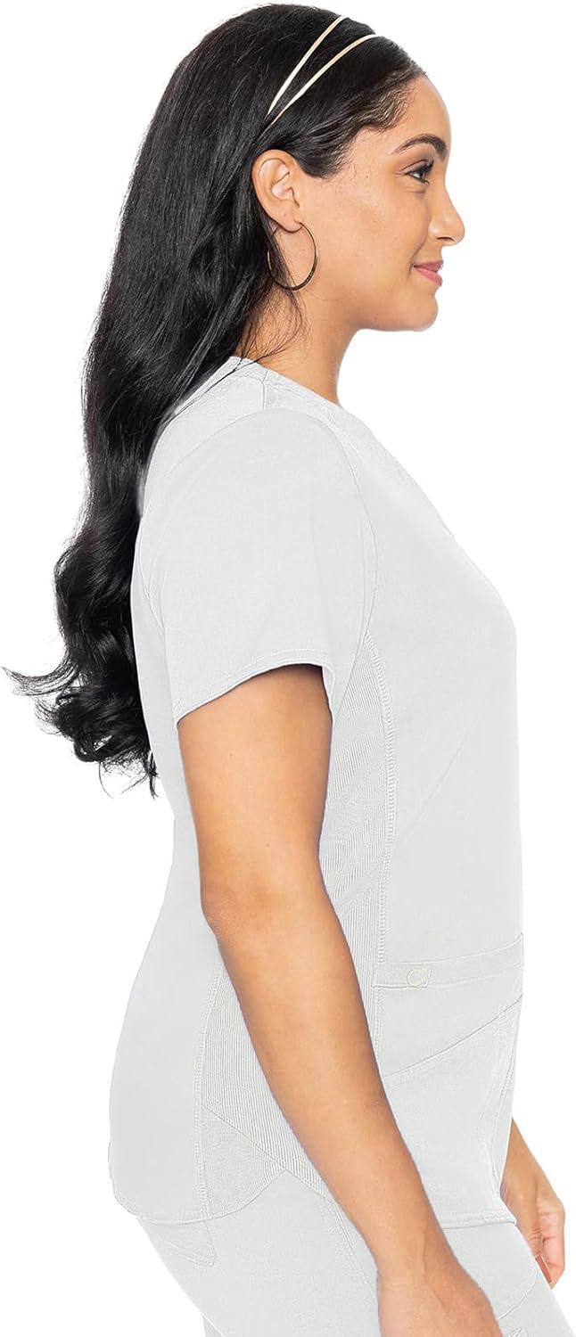 imageMed Couture VNeck Scrub Top for Women with 4 Pockets RibKnit Side Panel and Shirttail Hem MC7459White