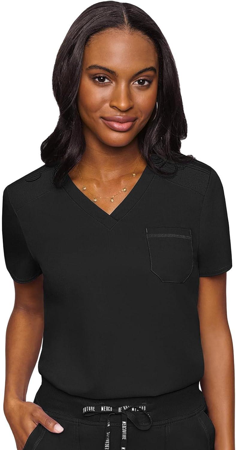 imageMed Couture Womens Scrub Set with V Neck Scrub Top MC7448 and 2Way Stretch Pants MC7710Black