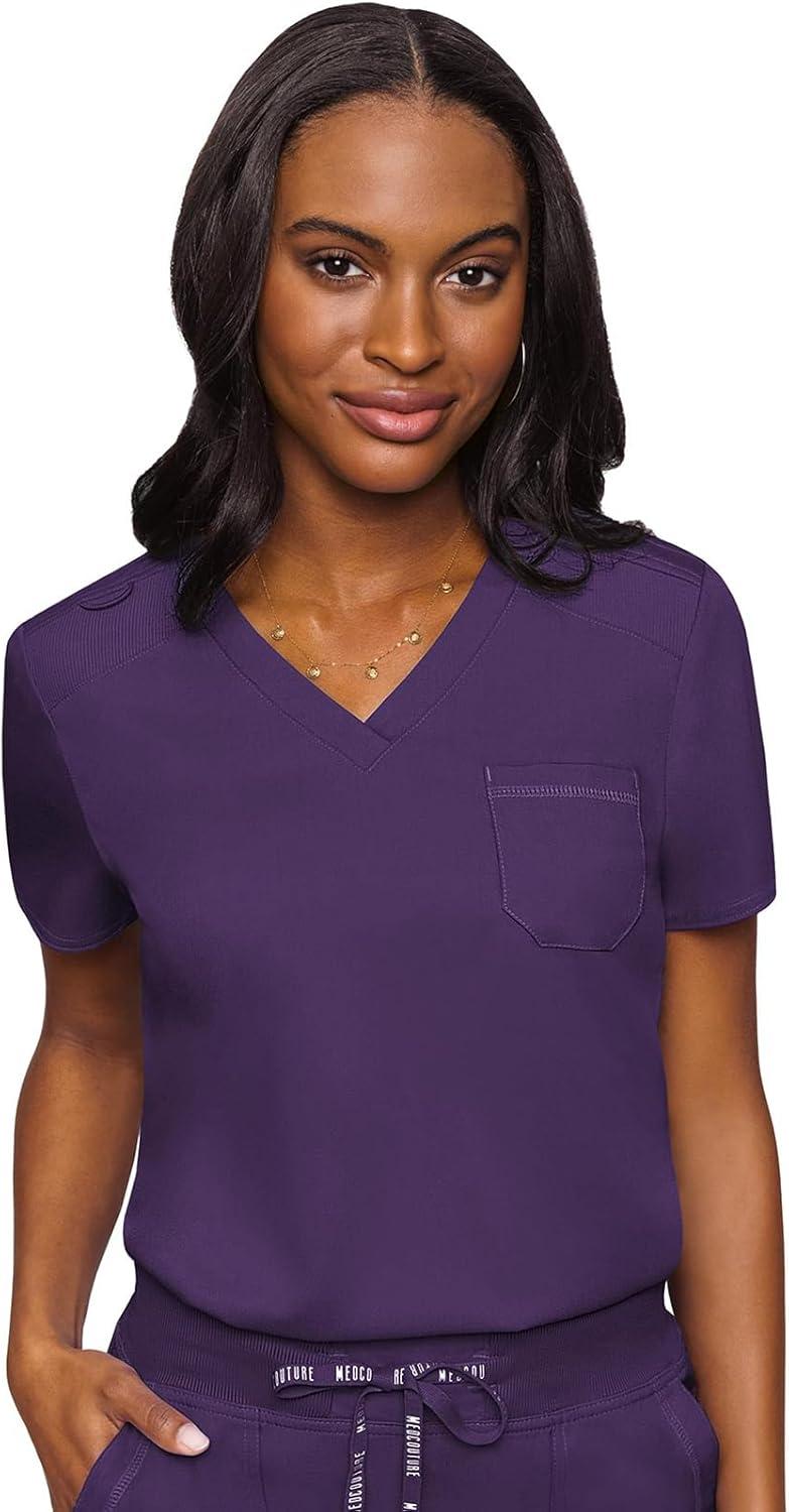 imageMed Couture Womens Scrub Set with V Neck Scrub Top MC7448 and 2Way Stretch Pants MC7710Eggplant