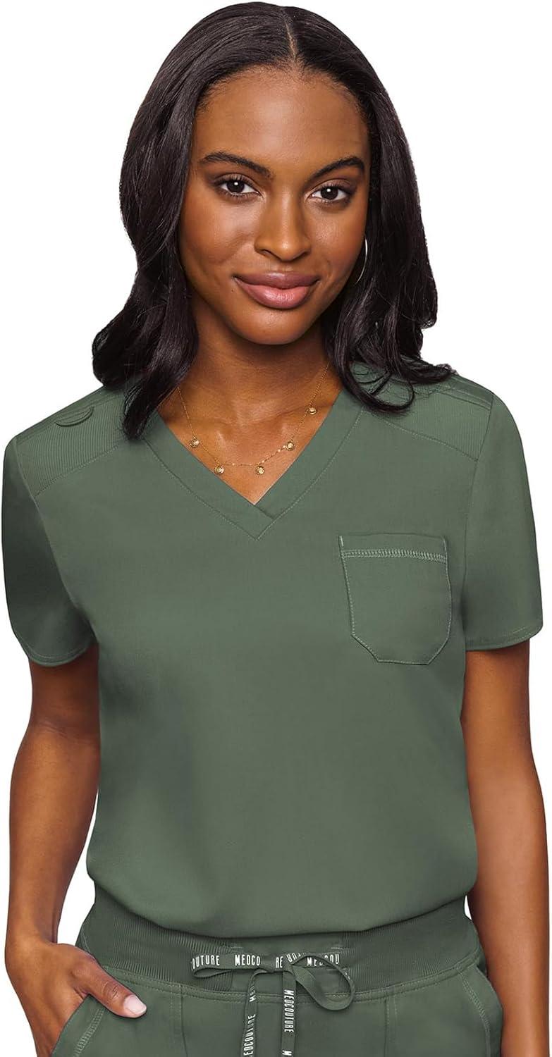 imageMed Couture Womens Scrub Set with V Neck Scrub Top MC7448 and 2Way Stretch Pants MC7710Olive