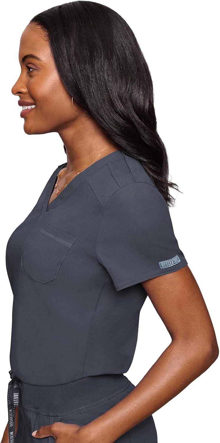 imageMed Couture Womens Scrub Set with V Neck Scrub Top MC7448 and 2Way Stretch Pants MC7710Pewter