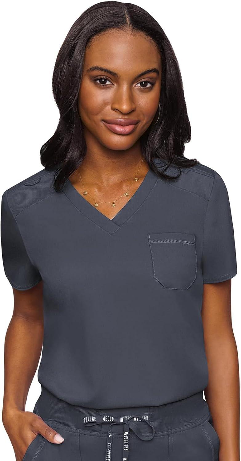 imageMed Couture Womens Scrub Set with V Neck Scrub Top MC7448 and 2Way Stretch Pants MC7710Pewter