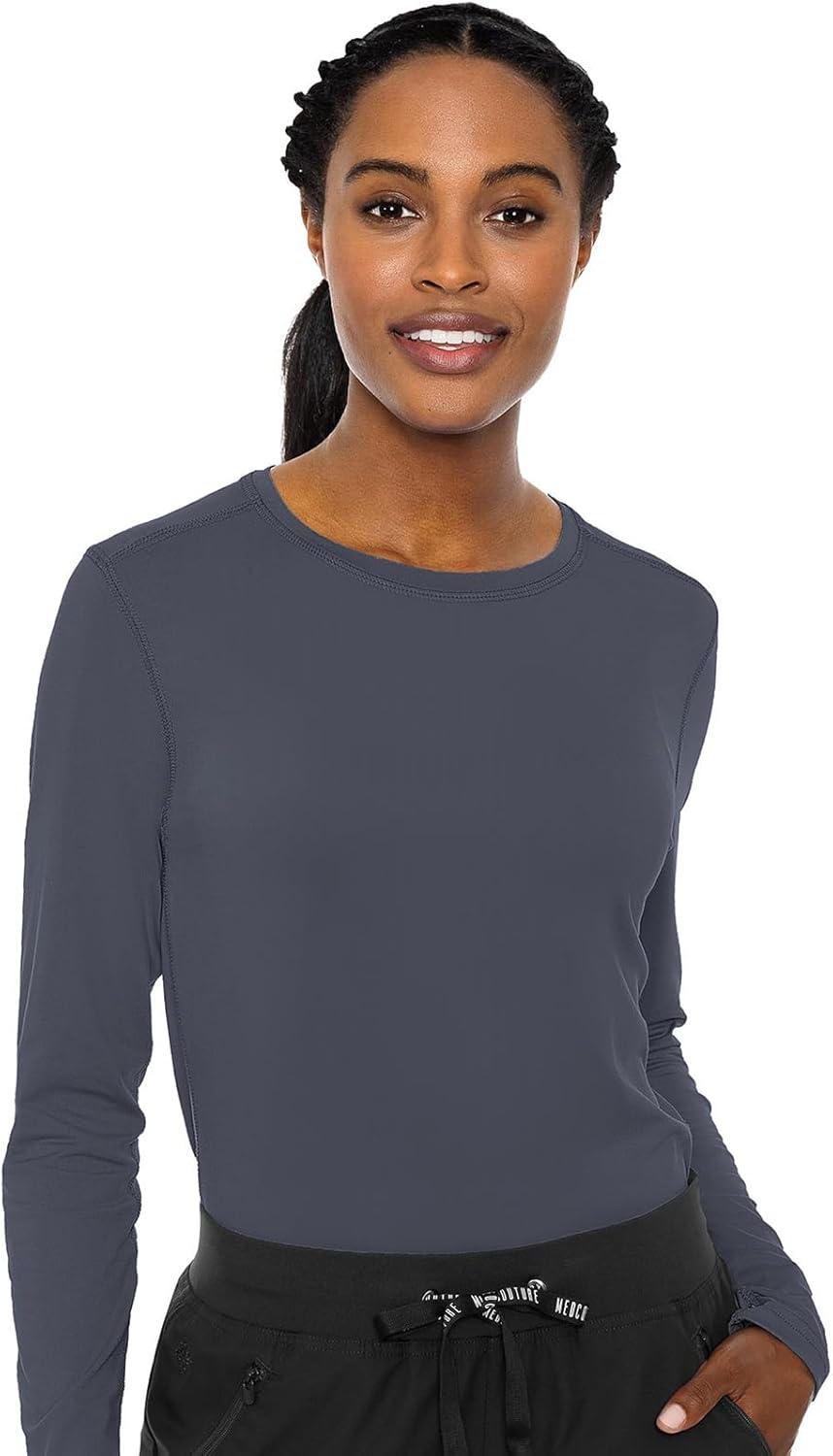 imageMed Couture Womens Underscrub Top Long Sleeve Performance Knit Tee 360 Stretch Lightweight amp Ultra Soft Fabric MC8499Black Navy Pewter 3 Pack