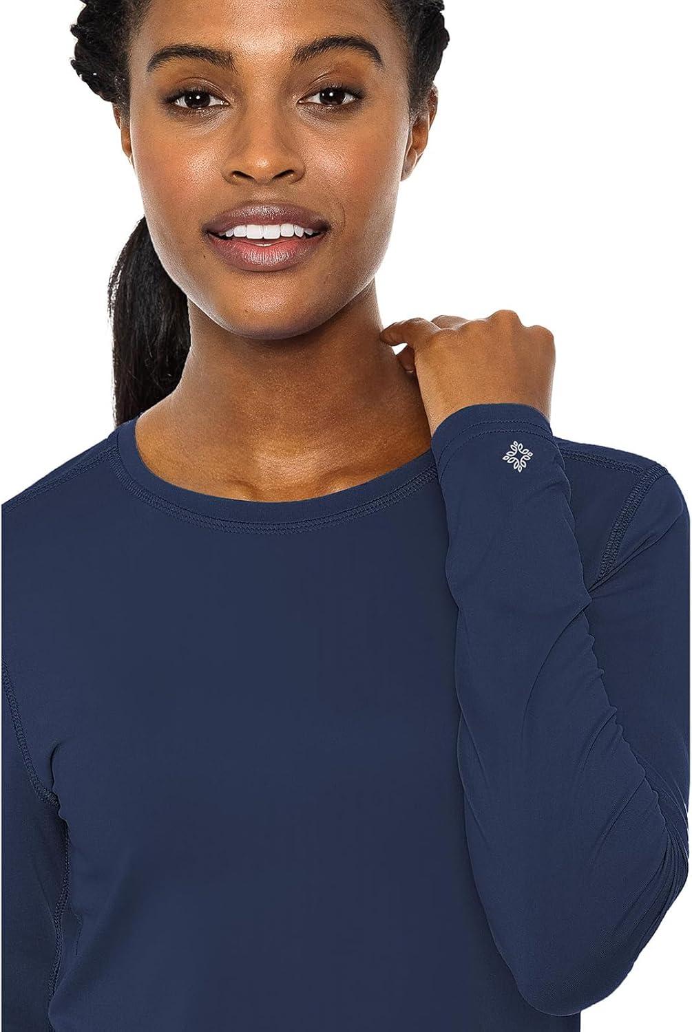 imageMed Couture Womens Underscrub Top Long Sleeve Performance Knit Tee 360 Stretch Lightweight amp Ultra Soft Fabric MC8499Black White Navy 3 Pack