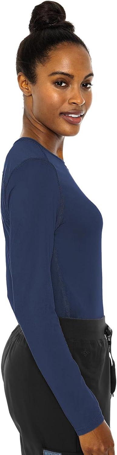 imageMed Couture Womens Underscrub Top Long Sleeve Performance Knit Tee 360 Stretch Lightweight amp Ultra Soft Fabric MC8499Navy White 2 Pack