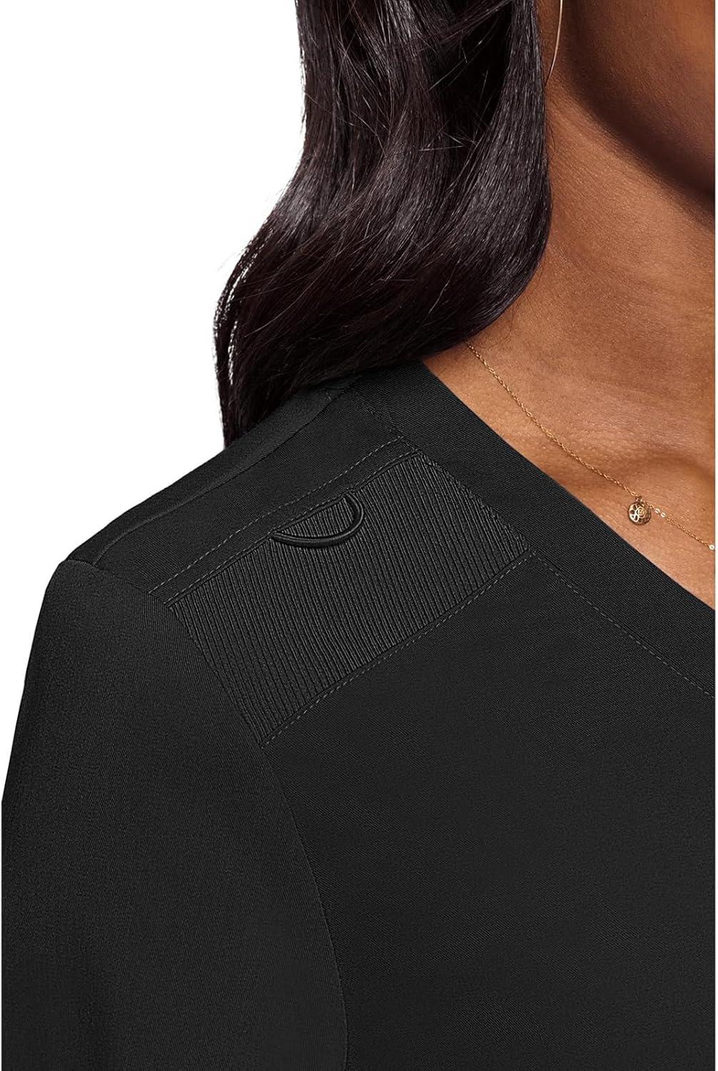 imageMed Couture Womens VNeck Scrub Top Modern Fit Tuckin Top with Stretchy RibKnit Shoulders and Chest Pocket MC7448Black