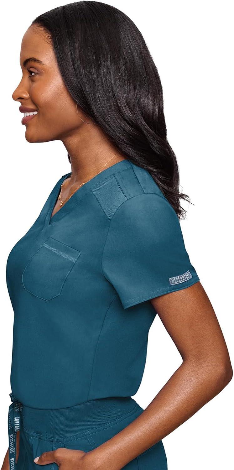 imageMed Couture Womens VNeck Scrub Top Modern Fit Tuckin Top with Stretchy RibKnit Shoulders and Chest Pocket MC7448Caribbean