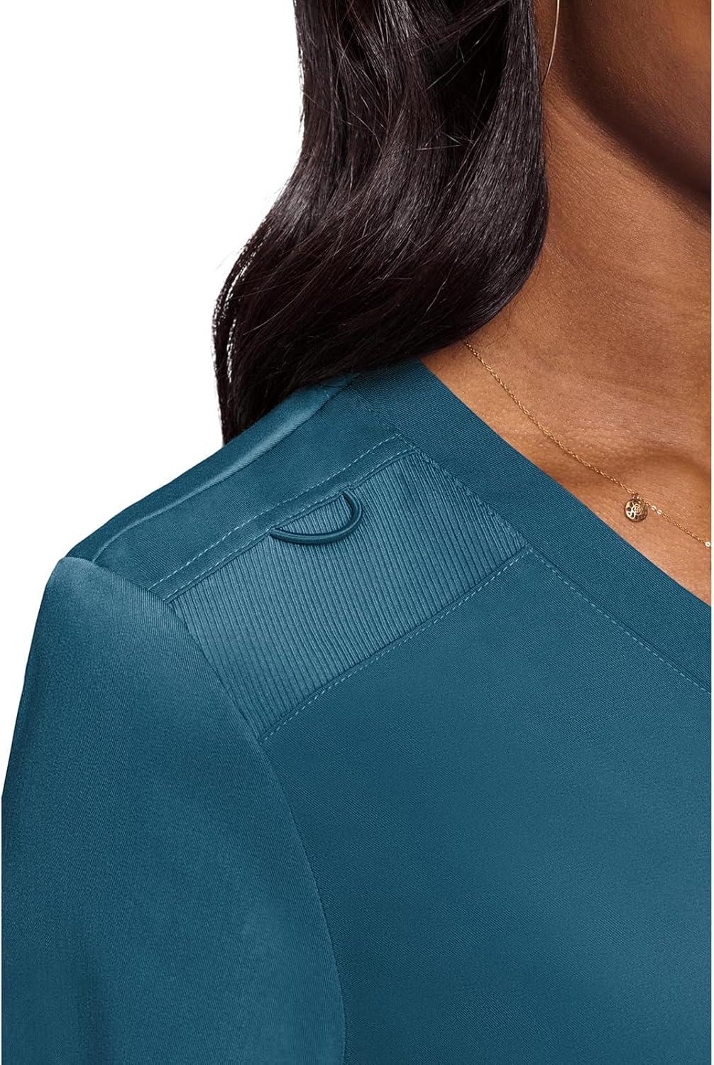 imageMed Couture Womens VNeck Scrub Top Modern Fit Tuckin Top with Stretchy RibKnit Shoulders and Chest Pocket MC7448Caribbean