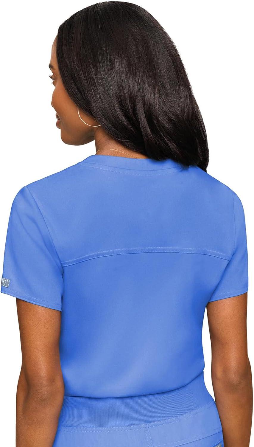 imageMed Couture Womens VNeck Scrub Top Modern Fit Tuckin Top with Stretchy RibKnit Shoulders and Chest Pocket MC7448Ciel