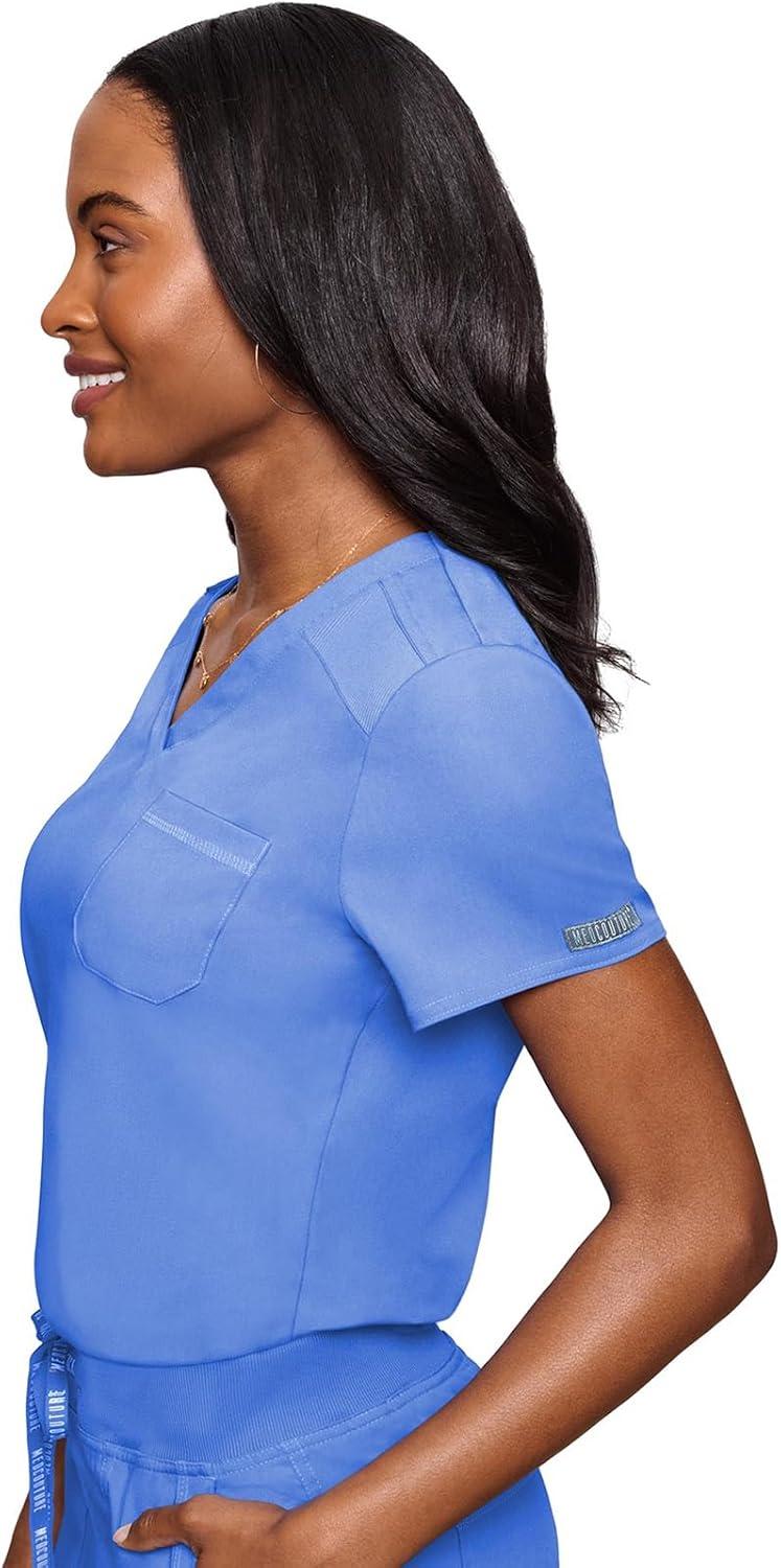 imageMed Couture Womens VNeck Scrub Top Modern Fit Tuckin Top with Stretchy RibKnit Shoulders and Chest Pocket MC7448Ciel