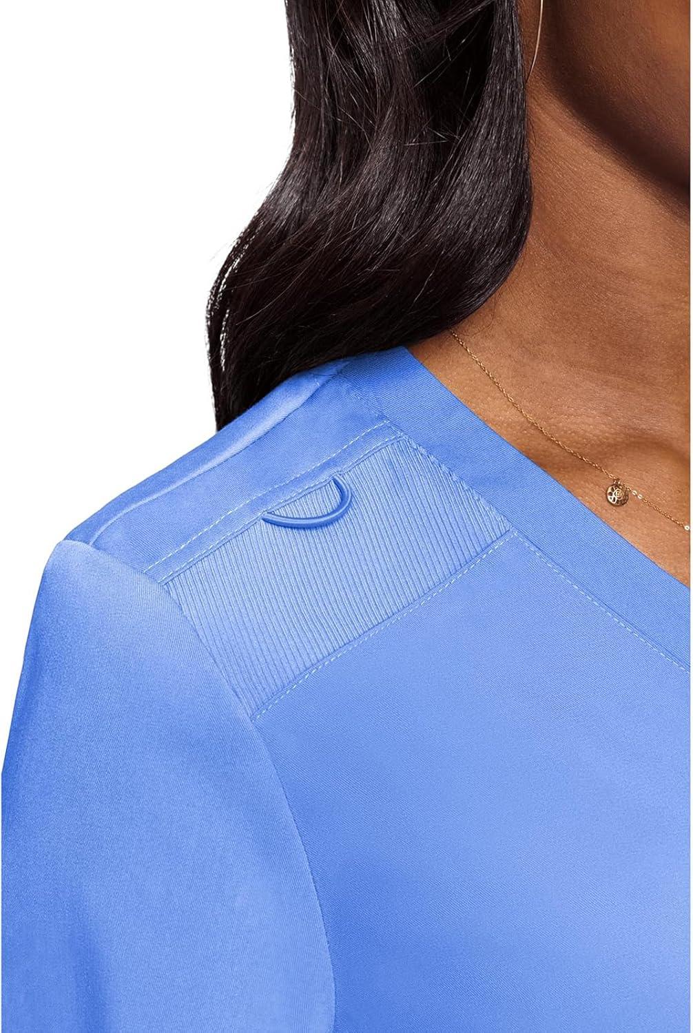imageMed Couture Womens VNeck Scrub Top Modern Fit Tuckin Top with Stretchy RibKnit Shoulders and Chest Pocket MC7448Ciel