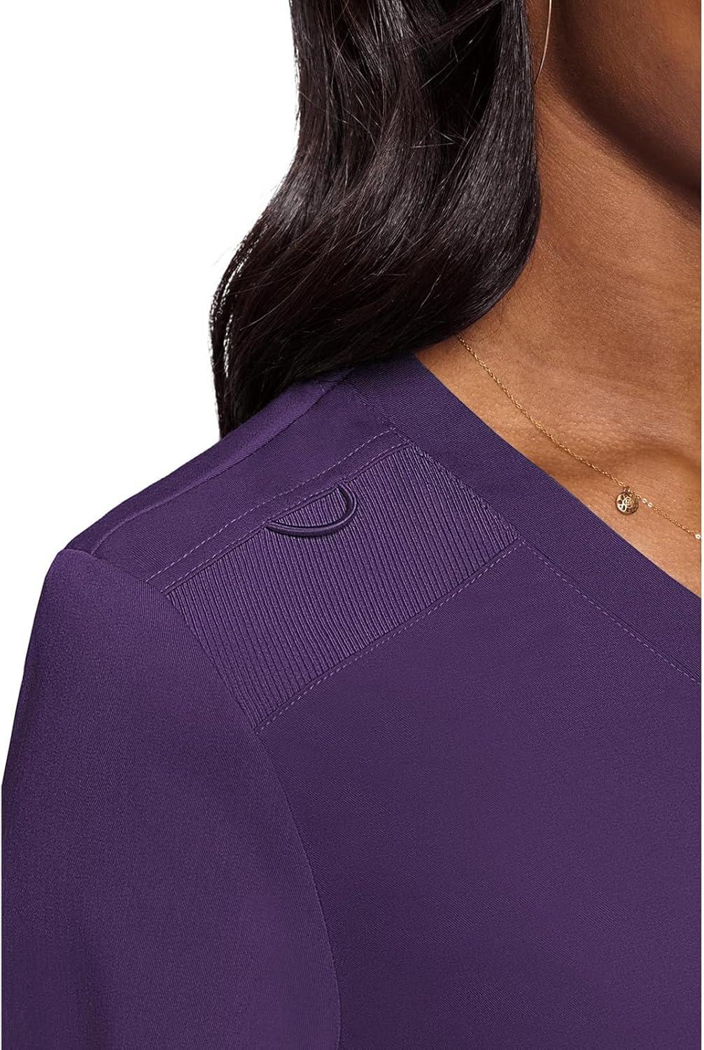 imageMed Couture Womens VNeck Scrub Top Modern Fit Tuckin Top with Stretchy RibKnit Shoulders and Chest Pocket MC7448Eggplant