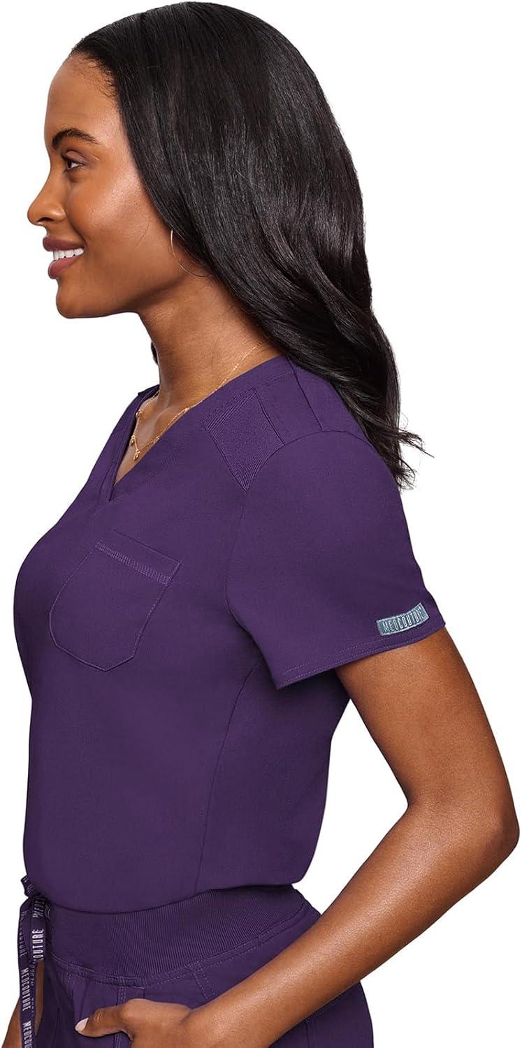 imageMed Couture Womens VNeck Scrub Top Modern Fit Tuckin Top with Stretchy RibKnit Shoulders and Chest Pocket MC7448Eggplant