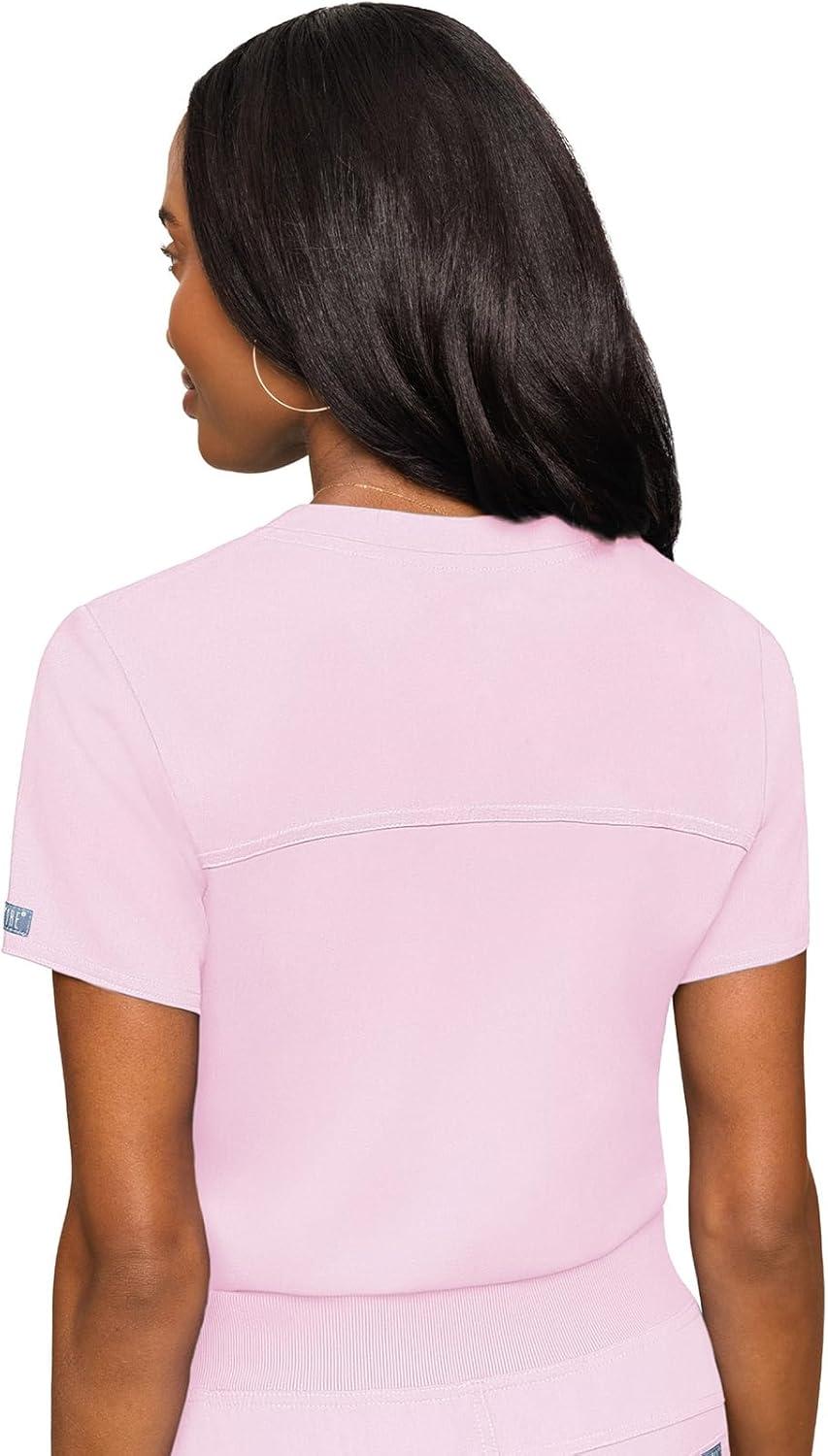 imageMed Couture Womens VNeck Scrub Top Modern Fit Tuckin Top with Stretchy RibKnit Shoulders and Chest Pocket MC7448Ice Pink