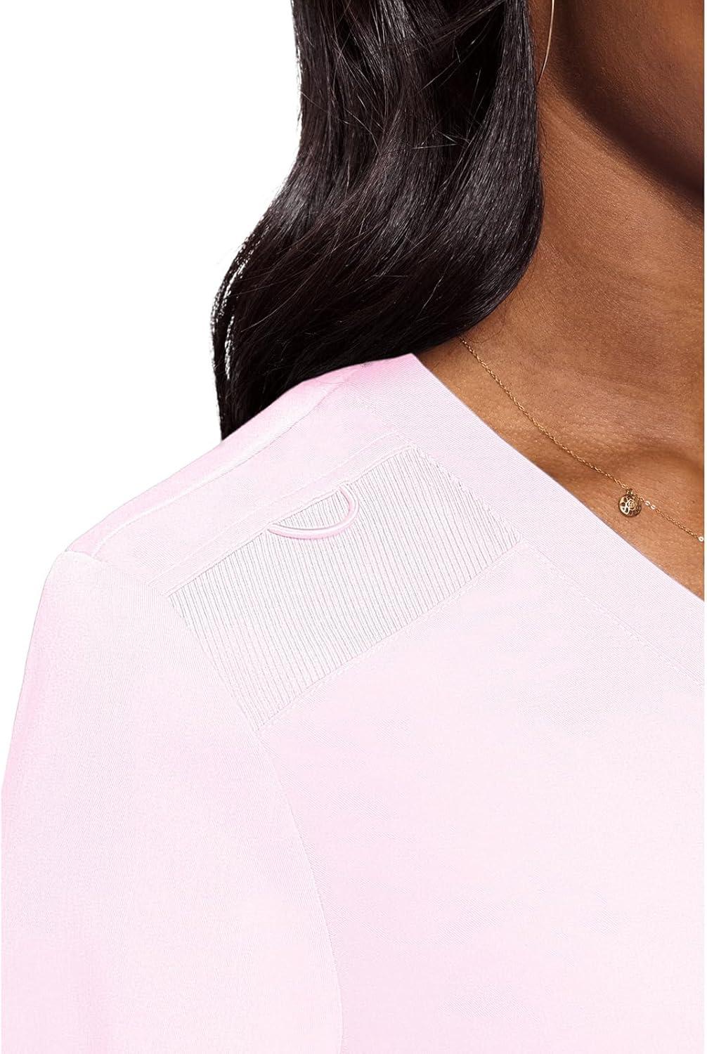 imageMed Couture Womens VNeck Scrub Top Modern Fit Tuckin Top with Stretchy RibKnit Shoulders and Chest Pocket MC7448Ice Pink