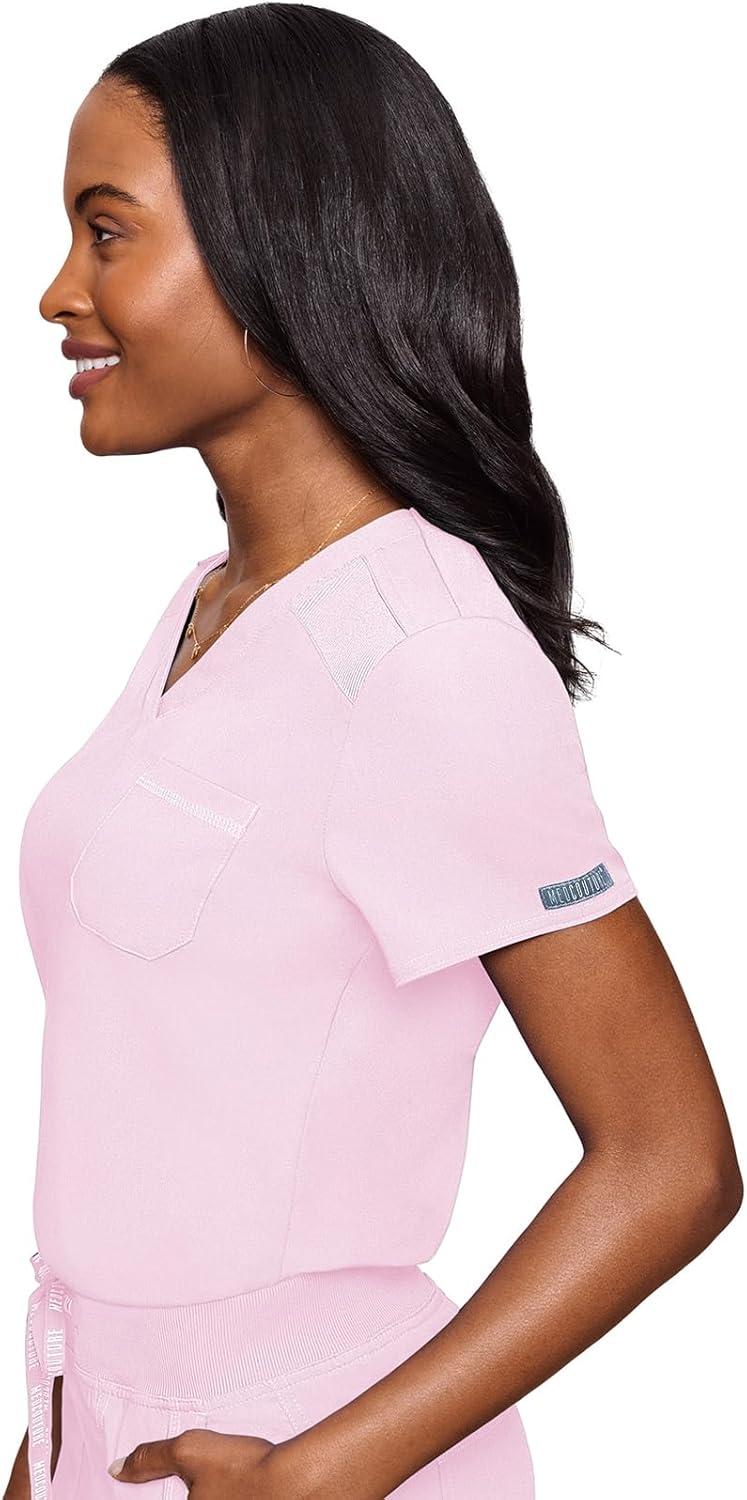 imageMed Couture Womens VNeck Scrub Top Modern Fit Tuckin Top with Stretchy RibKnit Shoulders and Chest Pocket MC7448Ice Pink