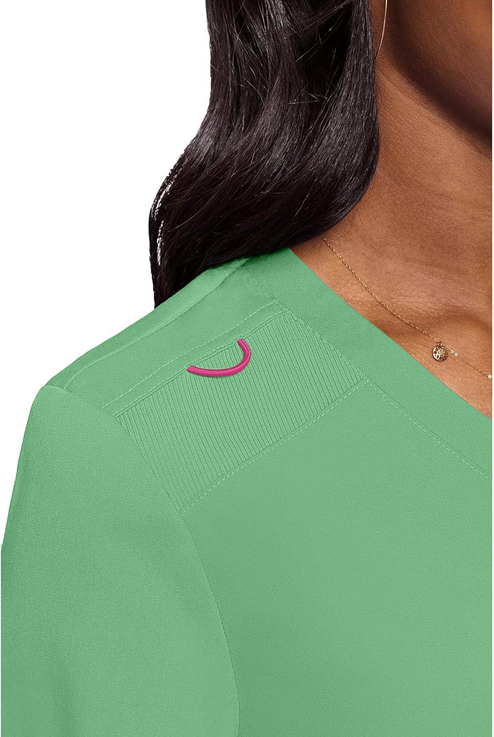 imageMed Couture Womens VNeck Scrub Top Modern Fit Tuckin Top with Stretchy RibKnit Shoulders and Chest Pocket MC7448Kiwi Lime