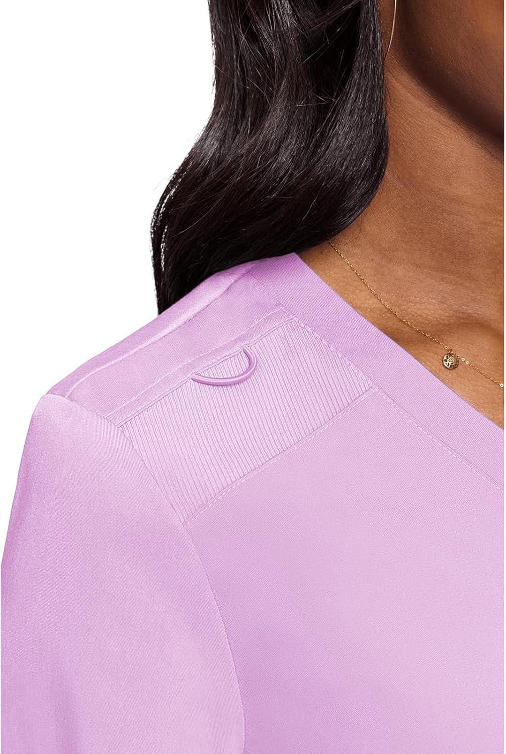imageMed Couture Womens VNeck Scrub Top Modern Fit Tuckin Top with Stretchy RibKnit Shoulders and Chest Pocket MC7448Lilac