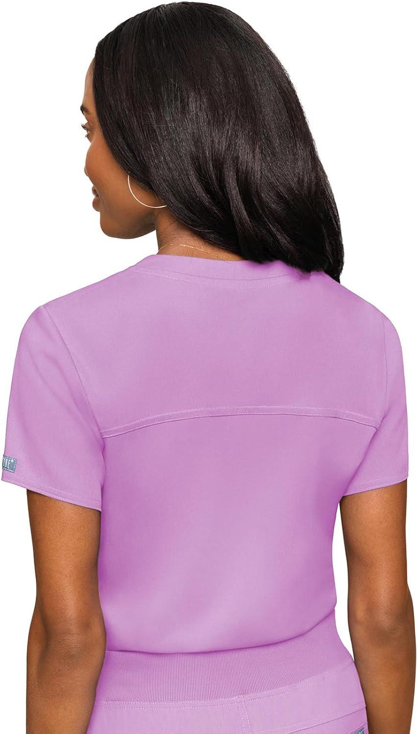 imageMed Couture Womens VNeck Scrub Top Modern Fit Tuckin Top with Stretchy RibKnit Shoulders and Chest Pocket MC7448Lilac