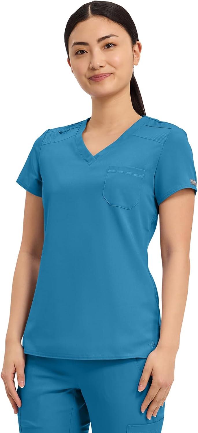 imageMed Couture Womens VNeck Scrub Top Modern Fit Tuckin Top with Stretchy RibKnit Shoulders and Chest Pocket MC7448Maliblue Shore