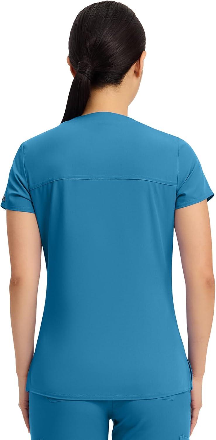 imageMed Couture Womens VNeck Scrub Top Modern Fit Tuckin Top with Stretchy RibKnit Shoulders and Chest Pocket MC7448Maliblue Shore