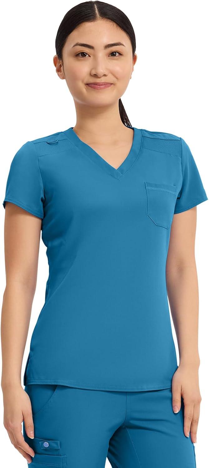 imageMed Couture Womens VNeck Scrub Top Modern Fit Tuckin Top with Stretchy RibKnit Shoulders and Chest Pocket MC7448Maliblue Shore