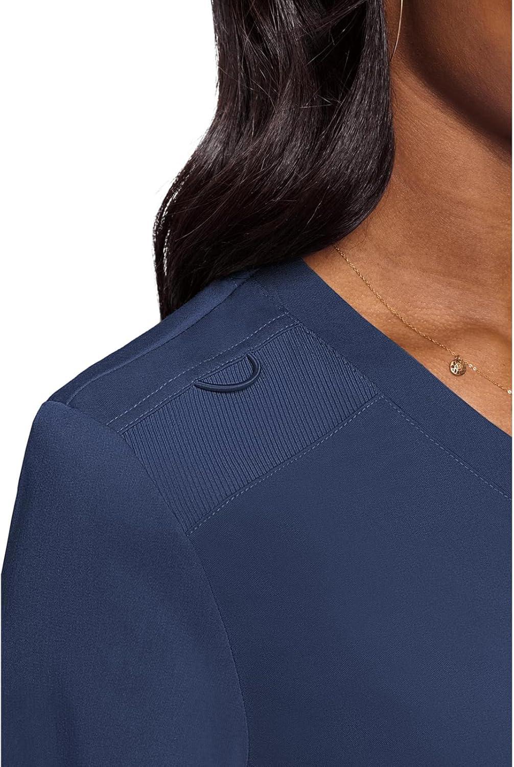 imageMed Couture Womens VNeck Scrub Top Modern Fit Tuckin Top with Stretchy RibKnit Shoulders and Chest Pocket MC7448Navy