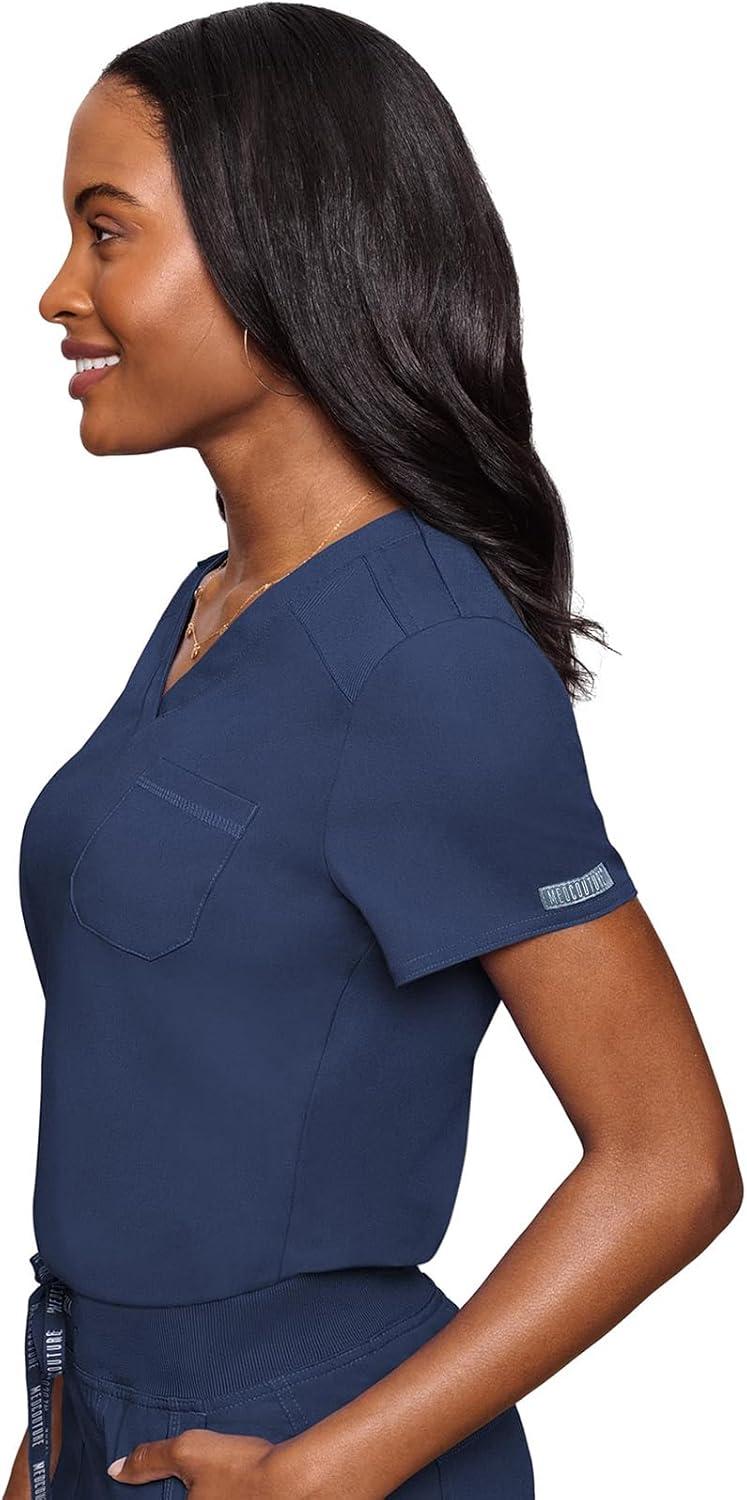 imageMed Couture Womens VNeck Scrub Top Modern Fit Tuckin Top with Stretchy RibKnit Shoulders and Chest Pocket MC7448Navy