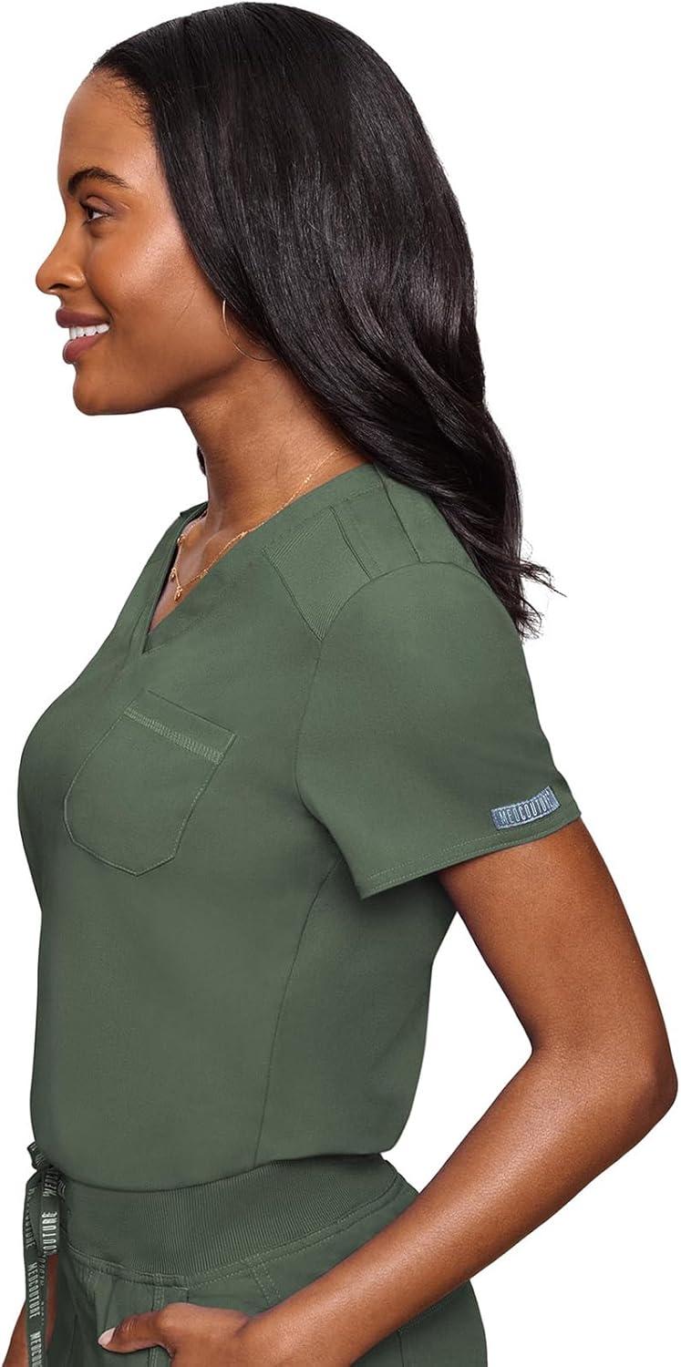 imageMed Couture Womens VNeck Scrub Top Modern Fit Tuckin Top with Stretchy RibKnit Shoulders and Chest Pocket MC7448Olive
