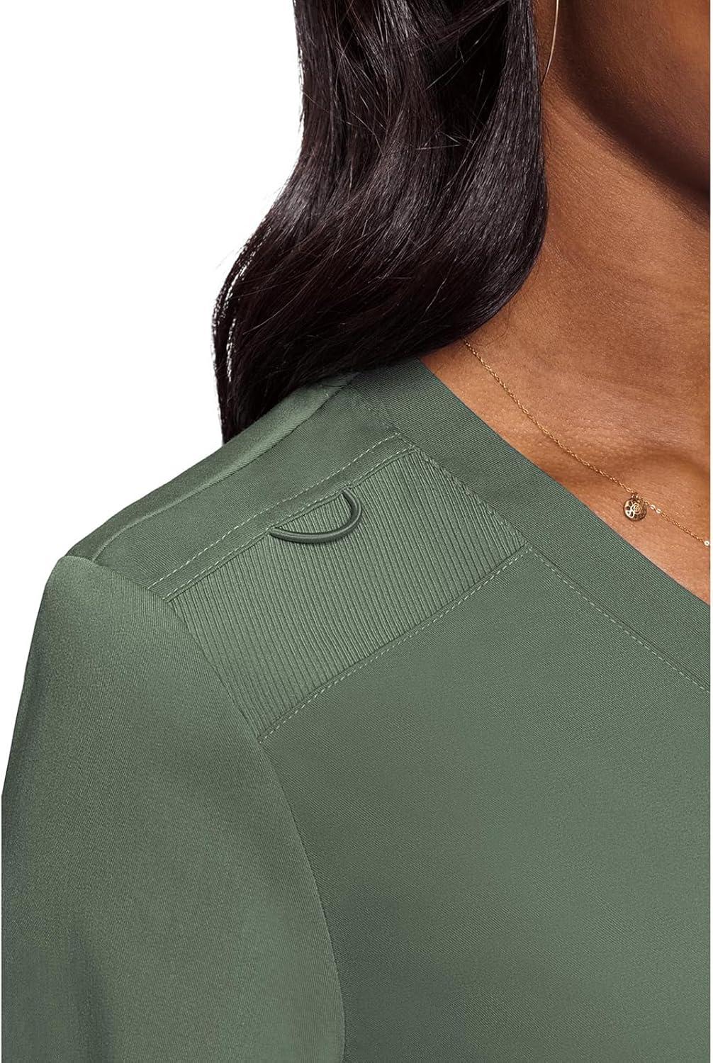 imageMed Couture Womens VNeck Scrub Top Modern Fit Tuckin Top with Stretchy RibKnit Shoulders and Chest Pocket MC7448Olive