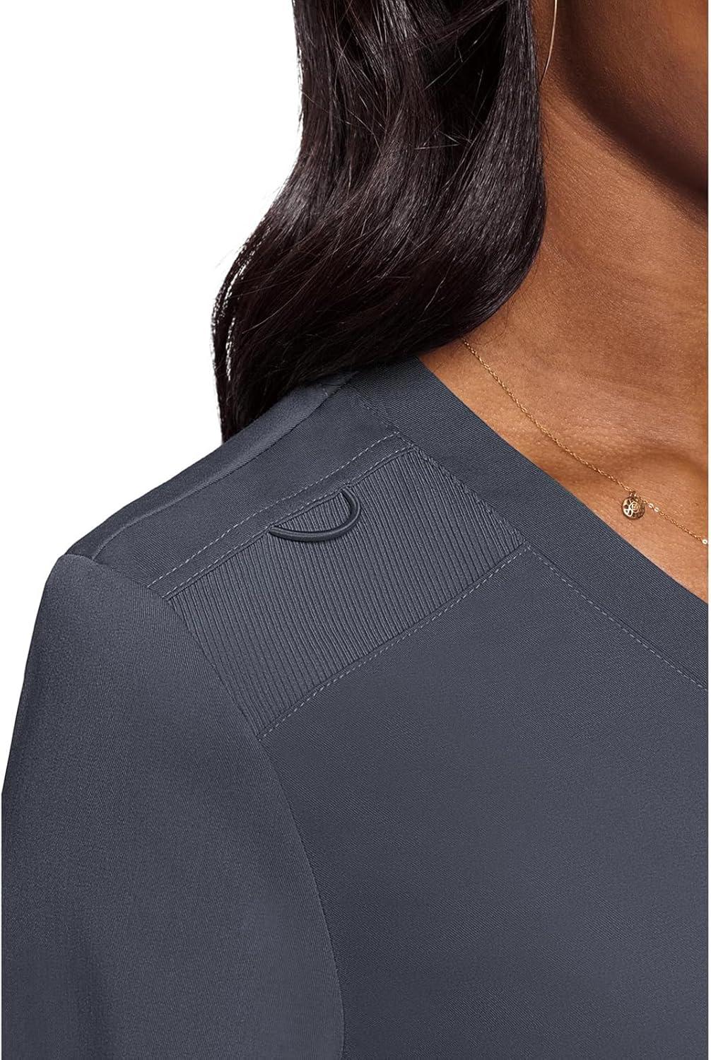 imageMed Couture Womens VNeck Scrub Top Modern Fit Tuckin Top with Stretchy RibKnit Shoulders and Chest Pocket MC7448Pewter