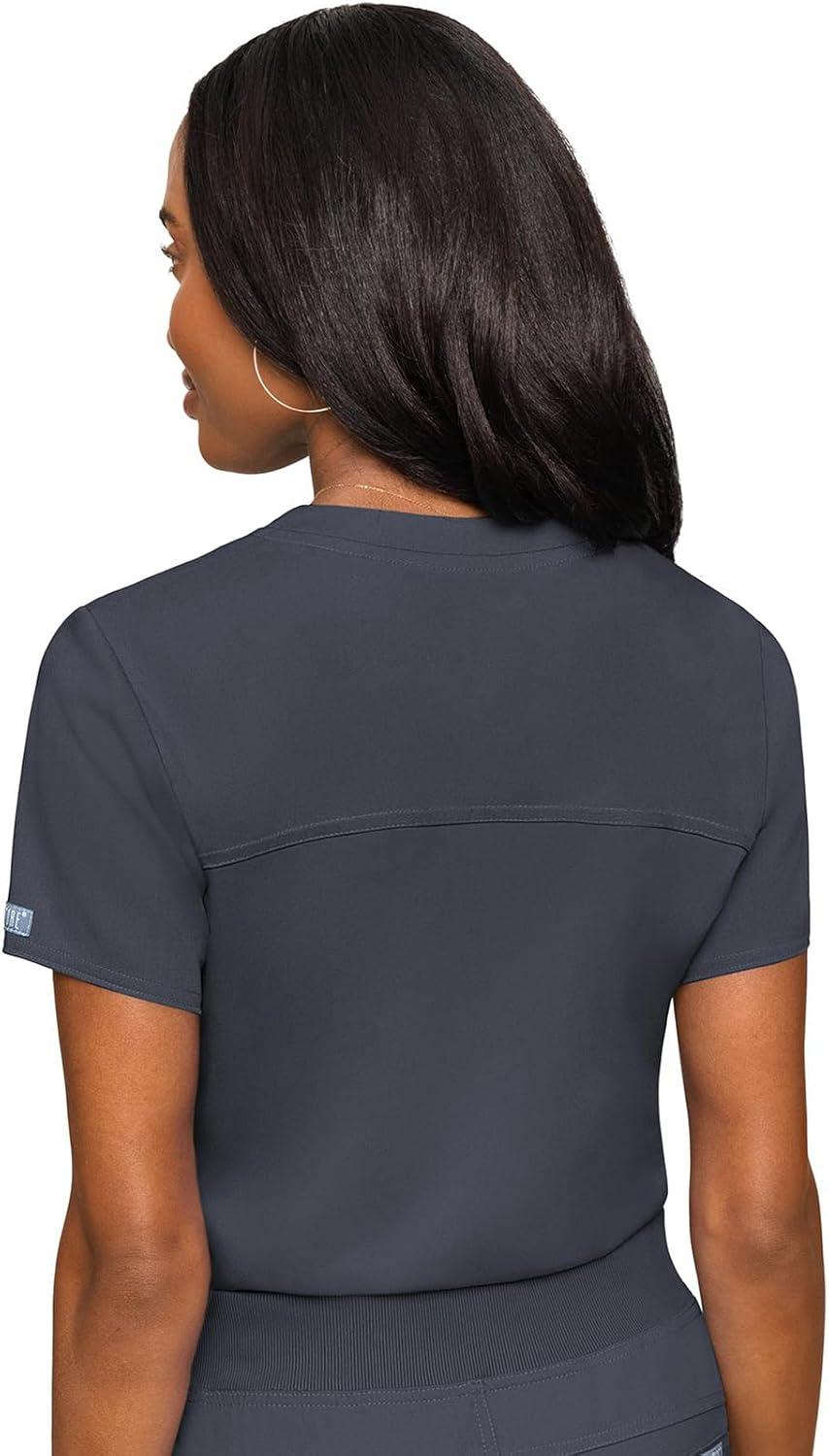 imageMed Couture Womens VNeck Scrub Top Modern Fit Tuckin Top with Stretchy RibKnit Shoulders and Chest Pocket MC7448Pewter
