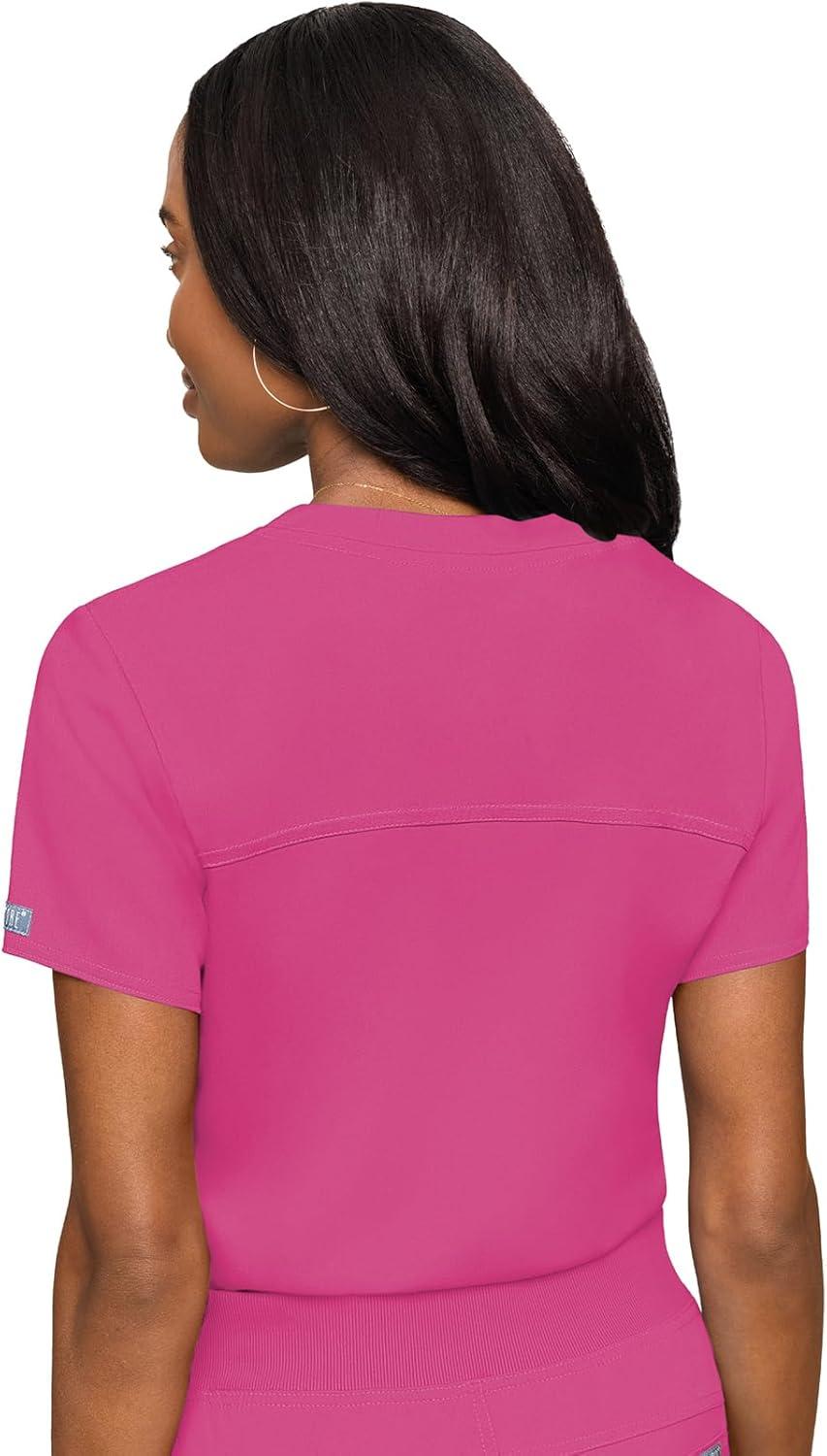 imageMed Couture Womens VNeck Scrub Top Modern Fit Tuckin Top with Stretchy RibKnit Shoulders and Chest Pocket MC7448Raspberry Tart