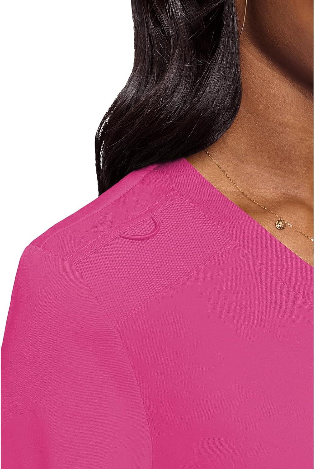 imageMed Couture Womens VNeck Scrub Top Modern Fit Tuckin Top with Stretchy RibKnit Shoulders and Chest Pocket MC7448Raspberry Tart