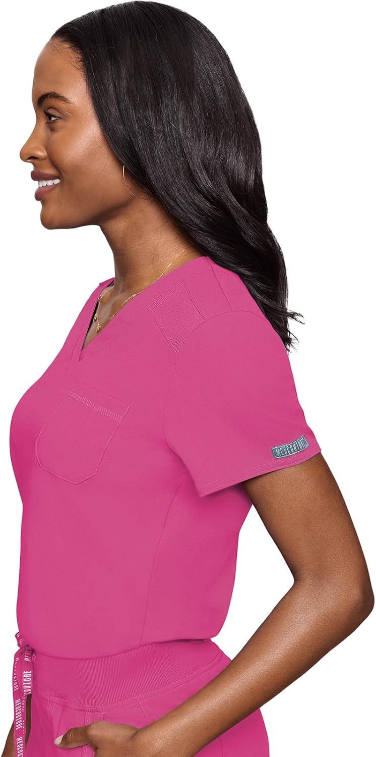 imageMed Couture Womens VNeck Scrub Top Modern Fit Tuckin Top with Stretchy RibKnit Shoulders and Chest Pocket MC7448Raspberry Tart