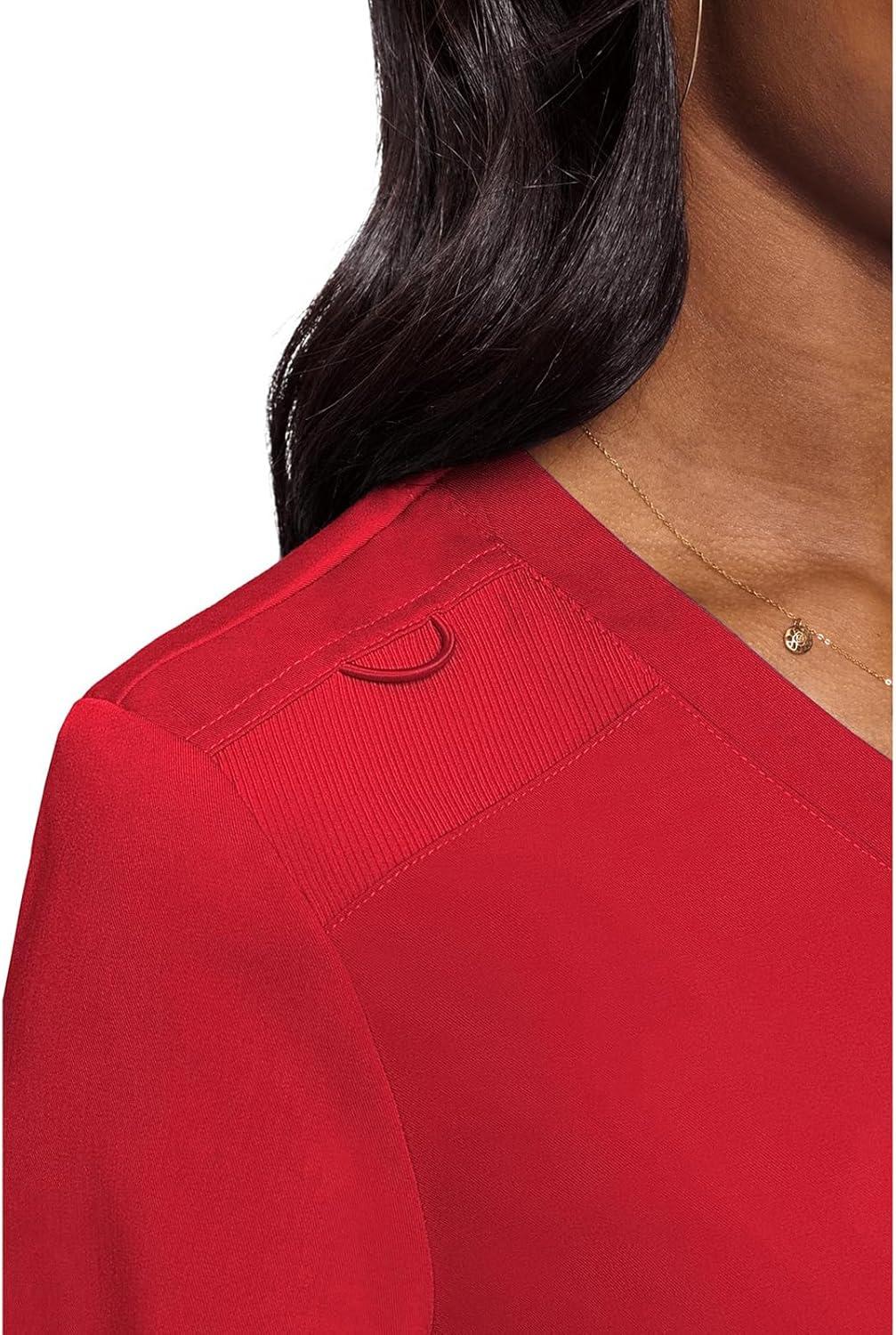 imageMed Couture Womens VNeck Scrub Top Modern Fit Tuckin Top with Stretchy RibKnit Shoulders and Chest Pocket MC7448Red