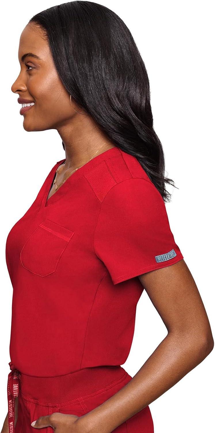 imageMed Couture Womens VNeck Scrub Top Modern Fit Tuckin Top with Stretchy RibKnit Shoulders and Chest Pocket MC7448Red