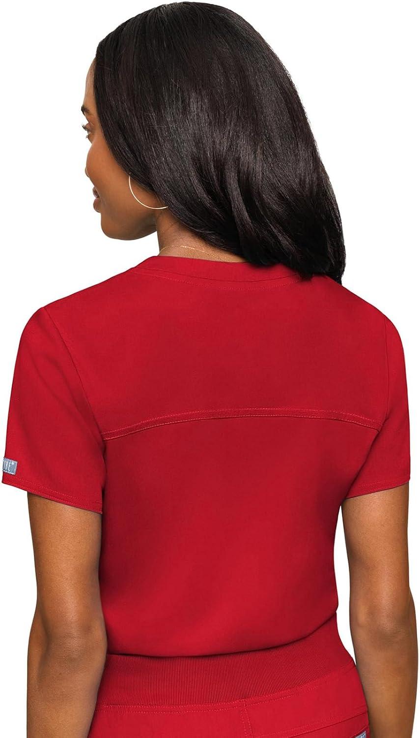 imageMed Couture Womens VNeck Scrub Top Modern Fit Tuckin Top with Stretchy RibKnit Shoulders and Chest Pocket MC7448Red